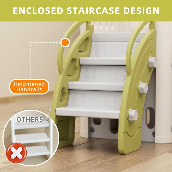 KORIMEFA 9-in-1 Toddler Slide, Kid Slide for Toddlers Age 1-3, Basketball Hoop, and Telescope, Indoor Outdoor Slide Toddler Playset Toddler Playground, Forest Themed Green