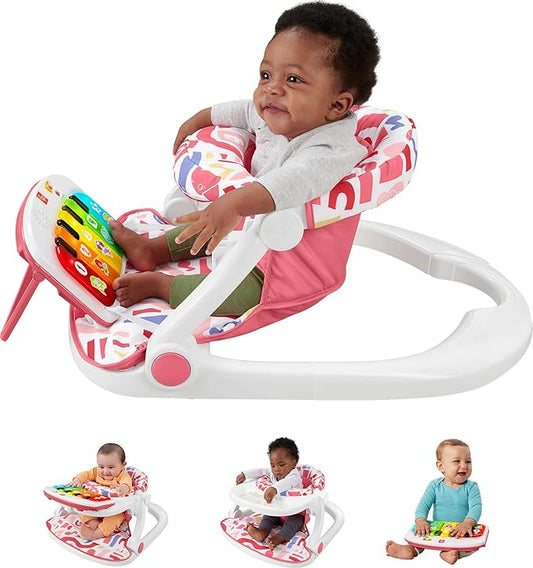 Fisher-Price Portable Baby Chair, Pink Kick & Play Deluxe Sit-Me-Up Seat with Piano Learning Toy & Snack Tray for Infants to Toddlers