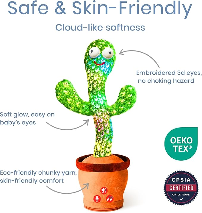 Rechargeable Dancing Talking Cactus Plush Toy for Kids - Volume Adjustable Mimicking and Singing Cactus with Music & Light - Funny Birthday Gifts for Years Old Boy Girl