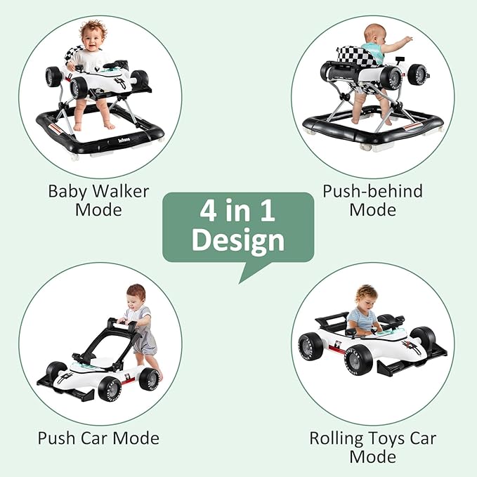 INFANS 4 in 1 Baby Walker, Foldable Toddler Activity Center with Adjustable Height, Padded Seat, Music, Light, Removable Tray, Push Walker for Girls Boys Aged 6-18 Months (Ivory)