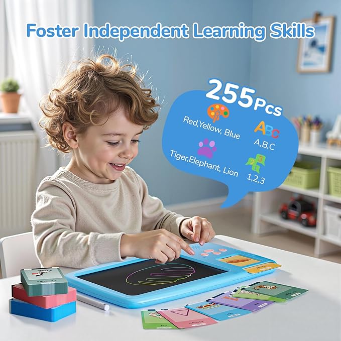Talking Flash Cards for Toddlers: 2-in-1 LCD Writing Tablet Kids - Montessori Language Learning with 510 Words - Autism & Speech Therapy Toys for Children Gifts, Blue
