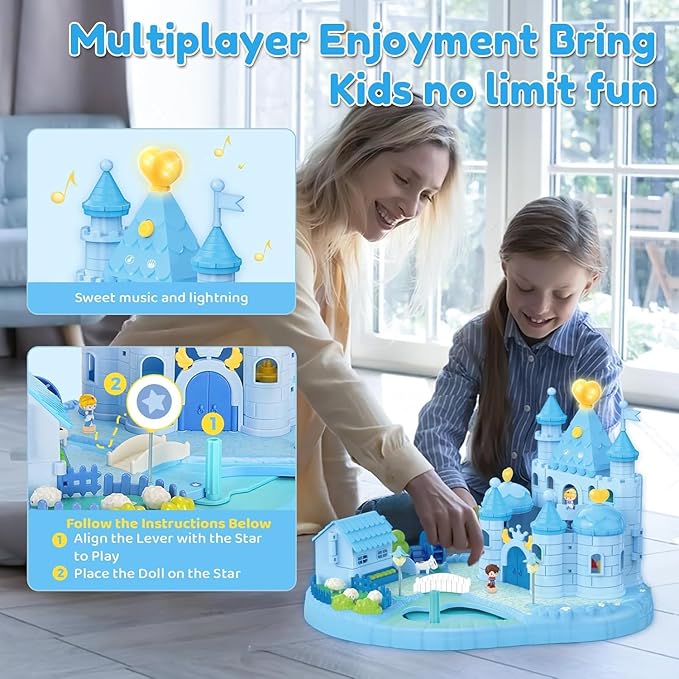Dream Princess Play Set, 12.2*8.6*8.8 inches with 2 Magnetic Control Movable Toys, Magnetic Doll House Building Toys with Light Music, Toy Gift for Girls Kids Ages 6+（Blue）