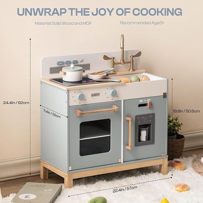 ROBOTIME Play Kitchen for Toddlers, Wooden Kids Kitchen Playset with Real Lights & Sounds/Ice Cube Dispenser, Pretend Play Montessori Toy, Gift for Ages 3+ (Blue)