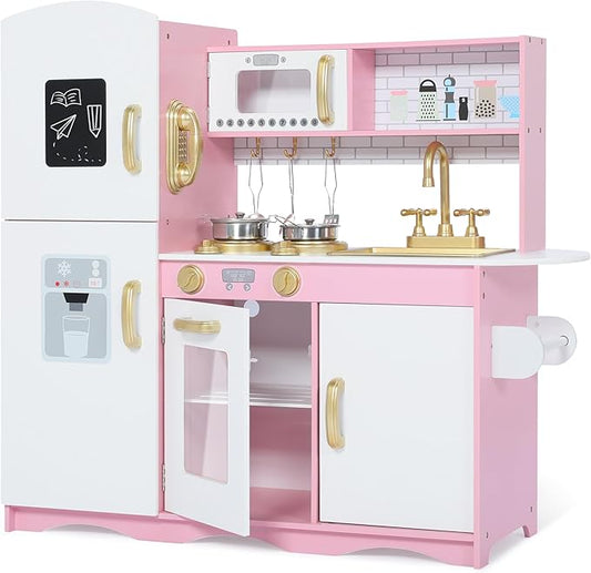 Kinder King Wooden Kids Play Kitchen, Toy Kitchen Playset for Toddler, Pretend Oven, Microwave, Telephone, Chalkboard, Interactive Doors, Knobs, Realistic Kitchen Sets for Boys Girls Age 3+, Gold