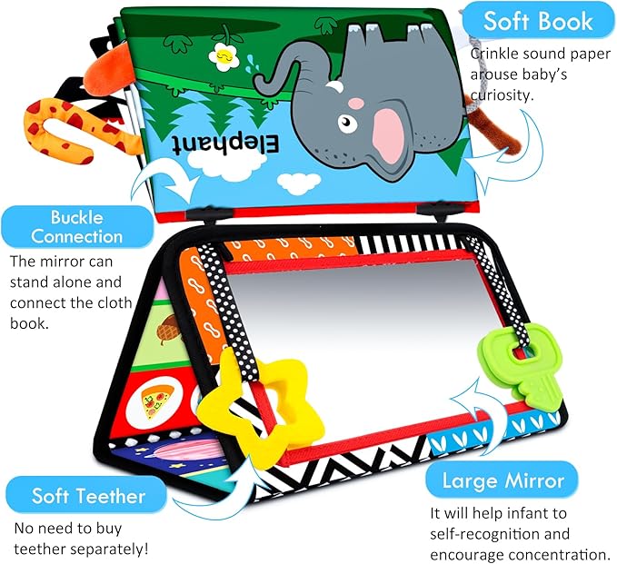 Tummy Time Baby Mirror Toys 0-6 6-12 Months - Montessori Infant Toys Brain Development with Crinkle Cloth Book and Teether - High Contrast Newborn Sensory Toys for Babies Boys Girls Gifts