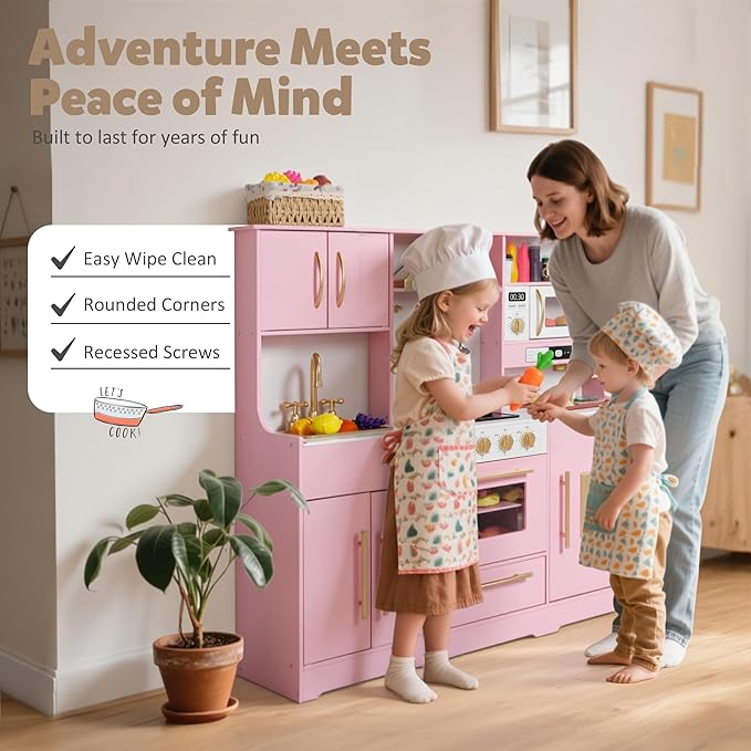 Kids Kitchen Playset, Wooden Play Kitchen with Toy Storage System, Pretend Play Kitchen Set Toy with Range Hood, Ice Maker & Coffee Maker, for Kids Ages 3+, Pink