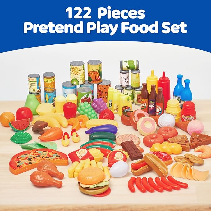 Jaxojoy 122 Piece Pretend Food Set for Kids - Food Toys for Kids Kitchen Set - Pretend Play Kitchen Accessories and Playset for Interactive and Imaginative Activities