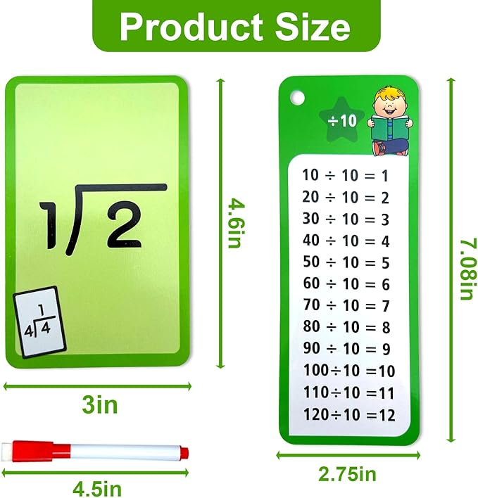 1-12 Math Flash Cards with 6 Dry Erase Pens, 15Pcs Big Division Flash Cards + 36 Pcs Random Double-Sided Division Practice Cards, Educational Math Flashcards for Kids Ages 6+