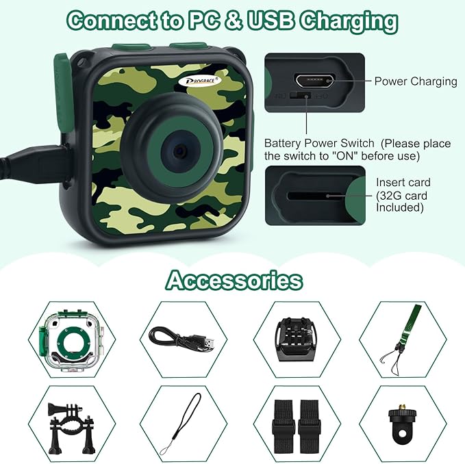 PROGRACE Waterproof Camera for Kids - Children Digital Video Cameras Underwater Camera 1080P Toddler Sports Cameras for Boys Birthday Cámara Pool Toys Age 3 4 5 6 7 8 9 10 11 12