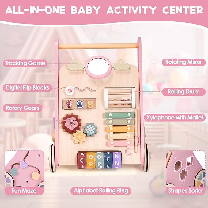 Wooden Baby Walker, Baby Push Walker, Montessori Toddler Walker Toy, Push and Pull Learning Activity Walkers, Baby Walker with Wheels for Boys&Girls 1 Year Old, Christmas Birthday Gifts for Toddler