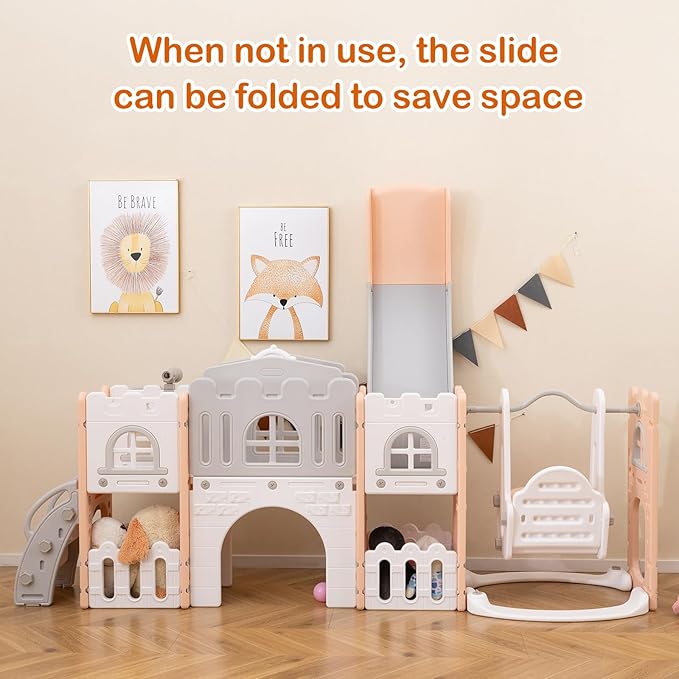 Costzon 10 in 1 Toddler Swing and Slide Set, Kids Slide and Climber Playset w/Aisle, Peek-a-Boo Window & Storage Space, Baby Indoor Playground for Aged 1+ (Pink,100" × 59" × 40")