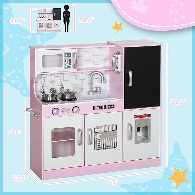 Qaba Play Kitchen, Kids Kitchen Playset Pretend Play Toy Kitchen with Play Phone, Chalkboard, Towel Rack, Ice Maker, 5 Accessories, Storage Space, Microwave & Sink, Gift for 3-8 Years, Pink