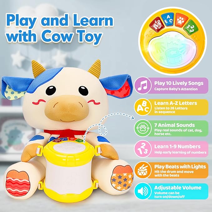 V-Opitos Stuffed Cow Musical Toys for Baby 6-12 Months+, Early Learning Light up Music Drum, Perfect Christmas Birthday Gifts for Boy & Girl Age 1, 2 Years Old