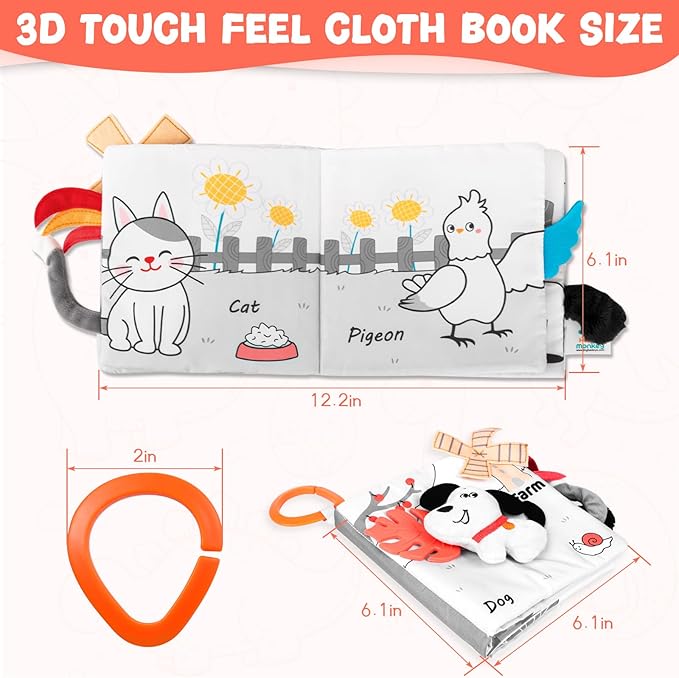 Baby Book 0-12 Months, Crinkle Cloth Book with Rattle & Touch and Feel Sensory Toys, Soft Teether for Infants, Educational Learning Toys, Ideal Baby Shower Easter Gifts for Boys Girls (Farm Animals)