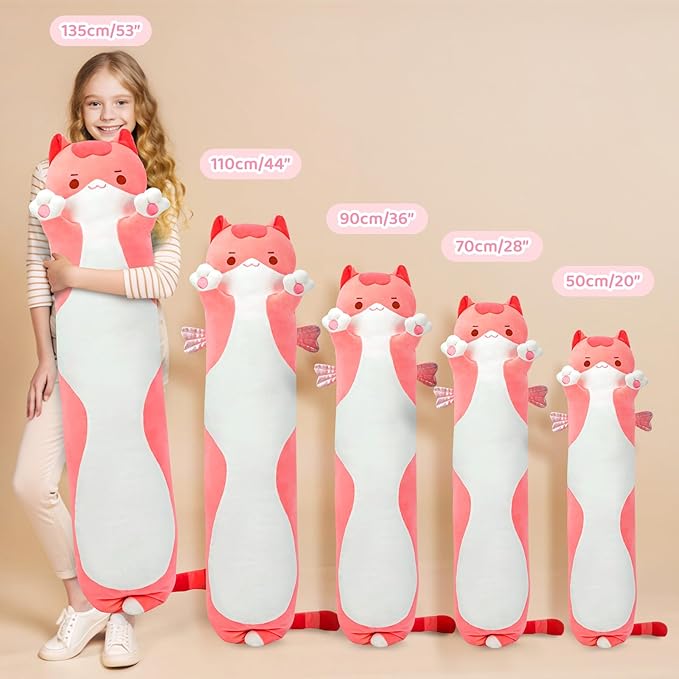 Mewaii Long Cat Plush 5 Sizes, 120% Extra Filling Giant Plushness Kids Body Pillow, Kawaii Cute Pink Cat Stuffed Animals Plushies, Big Long Body Pillow Cat Plush Gift for Girls 53”
