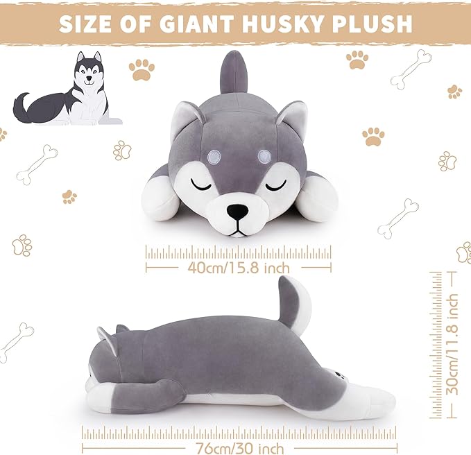 Auspicious beginning 30'' Husky Stuffed Animal Plush Pillow, Huskies Anime Body Pillow, Kawaii Stuff Animal Plush Toy, Big Plushie Stuffed Dog Giant Plush Throw Pillow Gifts for Boys Girls