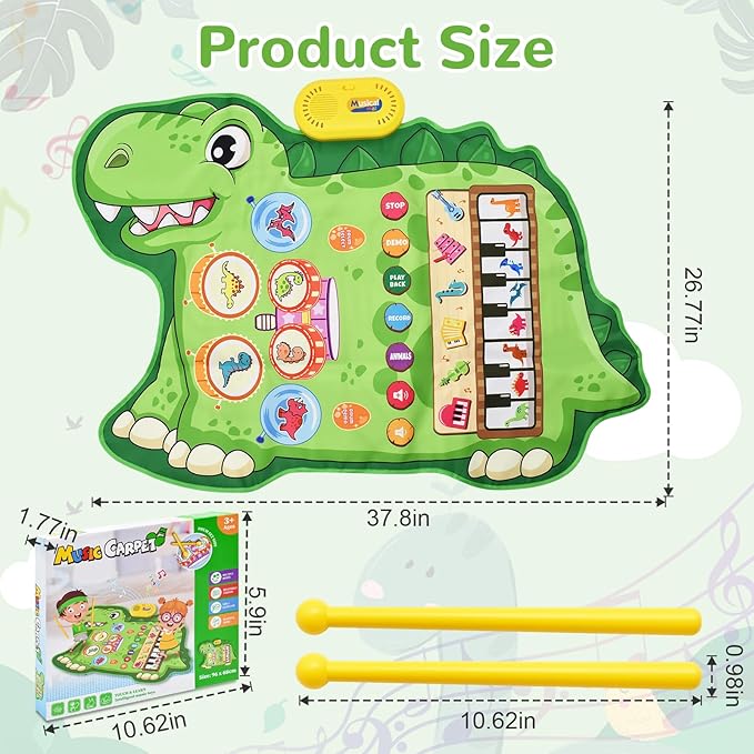 Cyiecw 3-in-1 Dinosaur Musical Mat, Piano Drum Play Mat Gifts for 1 2 3 Year Old Girls, Sensory Early Educational Musical Learning Toys for Baby Boys, Birthday Gift for Toddlers 1-5 Years Old