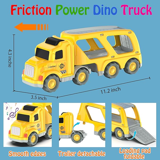 Veslier Toddler Car Toys for 3 4 5 Years Old Construction Transport Truck with 4 Pack Small Pull Back Construction Vehicles Friction Power Cars Christmas Birthday Gifts for Kids Boys Girls