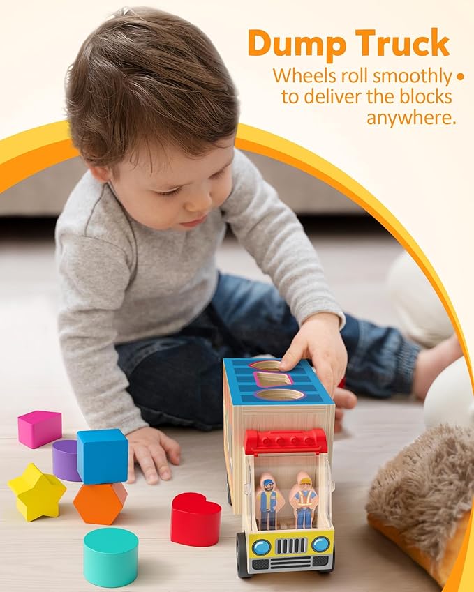 Coogam Shape Sorting Montessori Toys for Toddles, Wooden Color Shape Sorter Truck Toy with 2 Play Figures - Fine Motor Educational Learning Gift Toy for Kids 2 3 4 Year Old