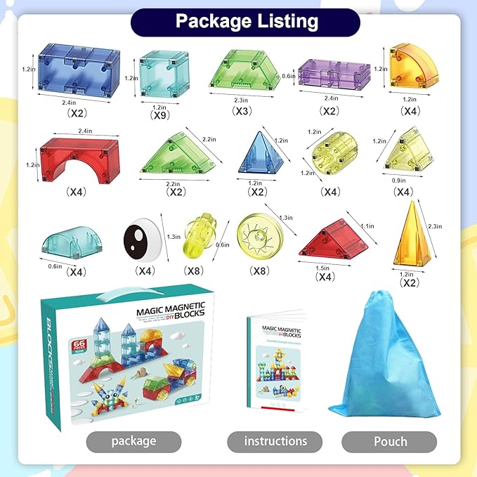 Magnetic Blocks,66 PCS Translucent Building Toys for Kids 3+,Multi Shape Magnet Building Blocks STEM Preschool Montessori Sensory Toys for 3 4 5 6 Year Old Kids Boys Girls