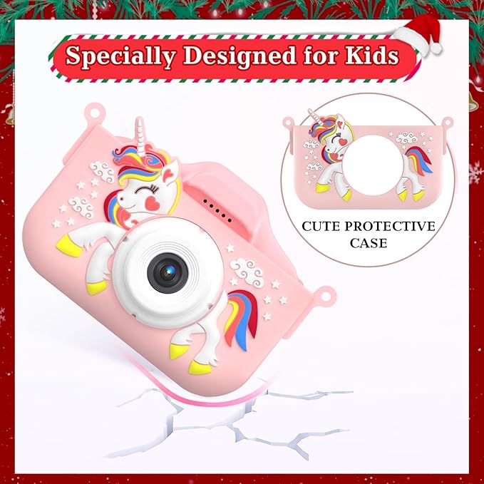 Kids Camera for 3-9 Year Old Boys Girls, Children Digital Camera with Cute Cartoon Soft Cover & 32GB SD Card, Best Christmas Birthday Gifts for Grandkids, Halloween Party Favors for Kids - Pink