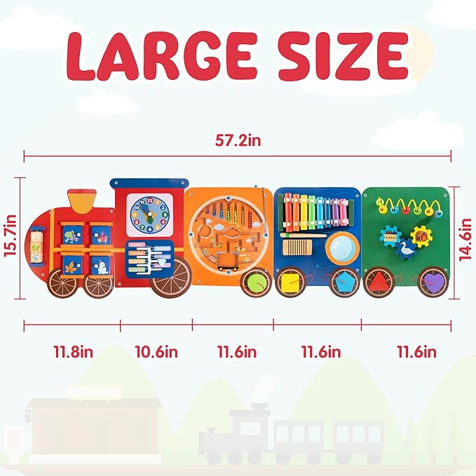 Train Activity Wall Busy Board Panels | 11-in-1 Wooden Sensory Wall Panel for Kids, Toddler Montessori Learning Activity Center, Perfect for Toddler Playroom Nursery Classroom Dentist Waiting Room
