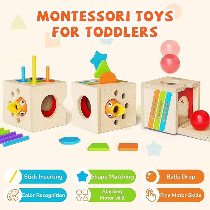 5-in-1 Wooden Activity Cube, Toddlers Montessori Toys for Baby Boys Girls, Baby Activity Center for 2+ Year Old, Woodpecker Worm Toy Magnetic Bird Feeding Game, Educational Color & Shape Sorting Toy