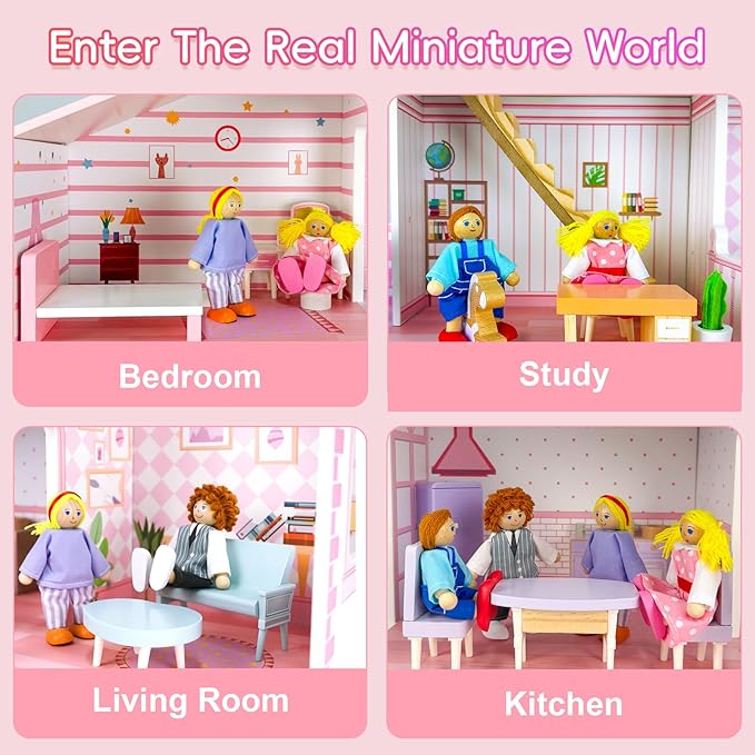 Wooden Dolls House for Toddlers Aged 3–5: Complete Set with Furniture, 4 Family Member Dolls, and a Pet Dog – Villa-Style Design for Indoor Play. Ideal Dollhouses for Children Aged 3 to 8