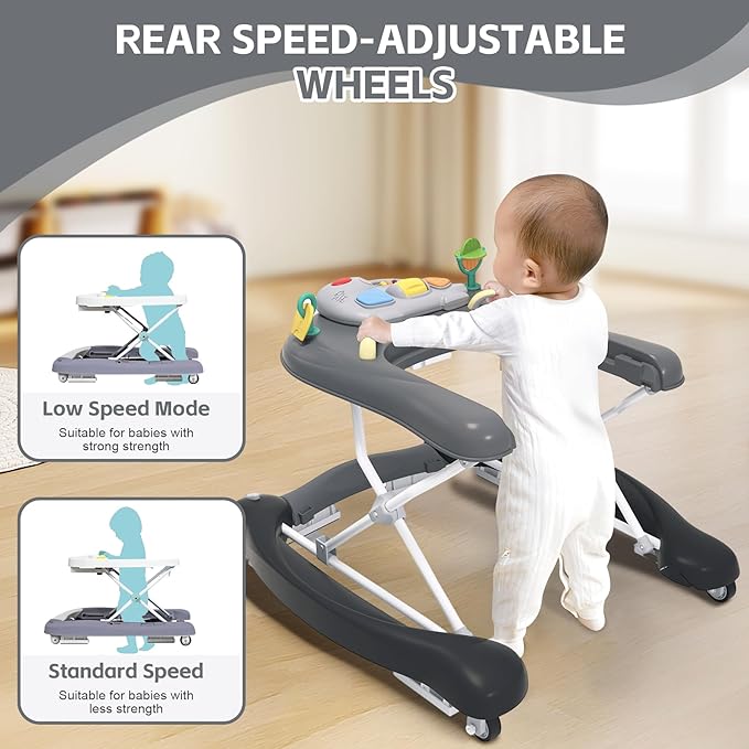 Foldable Baby 5-in-1 Activity Walker - Rocker, Activity Center, Bouncer, Seat Walker, Push Walker - Adjustable Speed Rear Wheels and Height Toys Ages 6-18 Months… (Black)