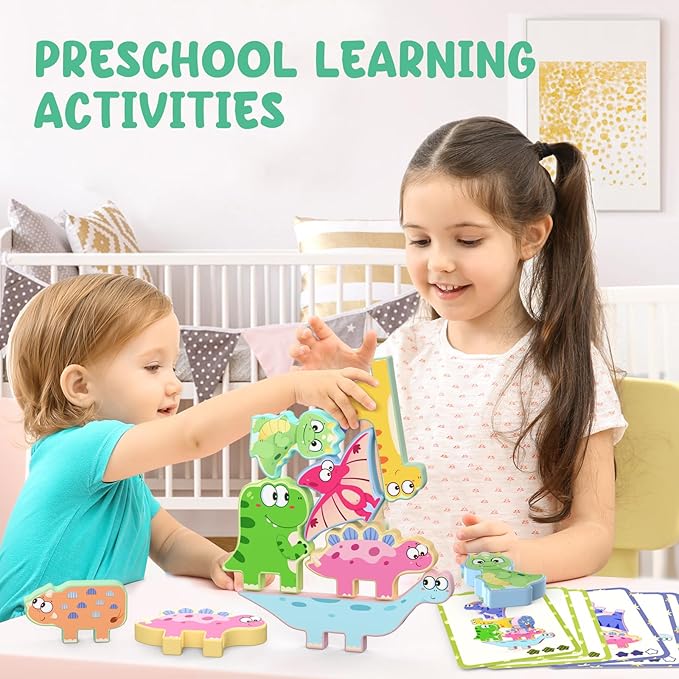 Montessori Toys for Toddlers, 10 Pack Wooden Dinosaur Stacking Blocks, Sorting & Stacking Preschool Learning Activities, Gift for Boys, Girls