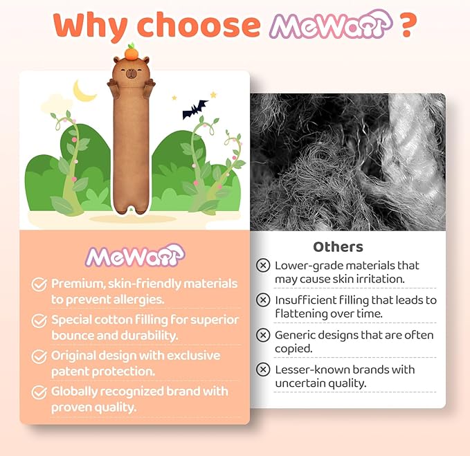 Mewaii Long Capybara Plush 5 Sizes, 120% Extra Filling Giant Plushness Kids Body Pillow, Kawaii Cute Capybara Stuffed Animals Plushies, Big Long Body Pillow Cat Plush Gift for Girls 20”