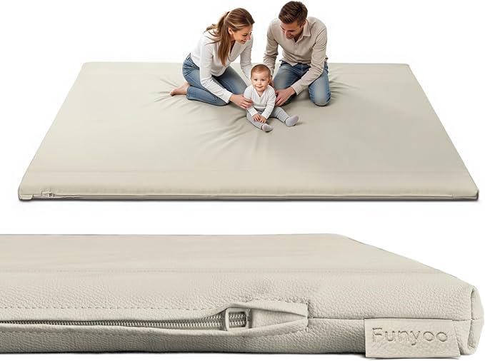 Padded 79" ×71" Large Baby Play Mat for Floor, 1.2" Thick Memory Foam Playmat with Soft Vegan Leather Cover, Cushioned Play Mat for 71" x59" Playpens, Grey