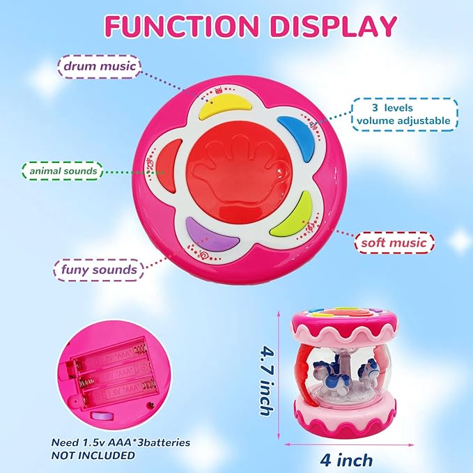 Baby Girl Toys 18+ Months Hand Drum Rotating Musical Light Up Sensory Activity Crawling Toys 2 3+ Year Old Infant Girls Baby Gifts (Pink)