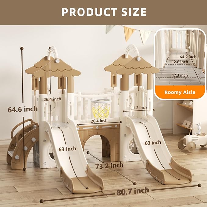 KORIMEFA 10-in-1 Toddler Slide, Kid Double Slide for Toddlers Age 1-3, Basketball Hoop, and Telescope, Indoor Outdoor Slide Toddler Playset Toddler Playground, Forest Themed Brown