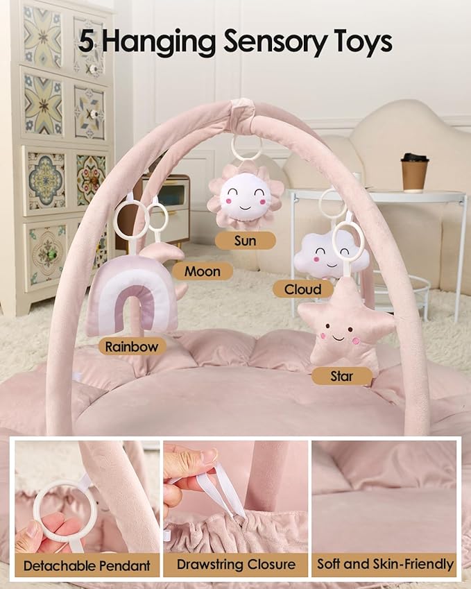 5-in-1 Convertible Baby Gym Play Mat with Hanging Toys, Soft Padded Baby Lounger & Ball Pit, Plush Tummy Time Mat for Newborns to Toddlers, Machine Washable, Pink