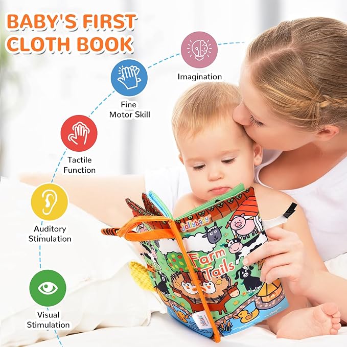 HECCEI Baby Cloth Books Soft Baby Book 0-6 Months Crinkle Books with Tail Touch and Feel Sensory Toys for Infant Tummy Time for 3 Months+, Farm Tails