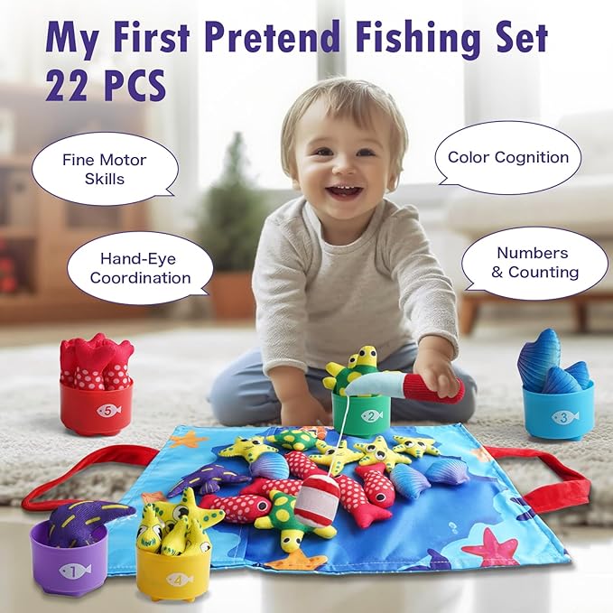 Toddler Montessori Sensory Toys for 1 Year Old - Baby Boy Girl Toys 1 Years Old Birthday Gift, Cloth Fishing Game with Stacking Cups,Number Counting and Color Sorting