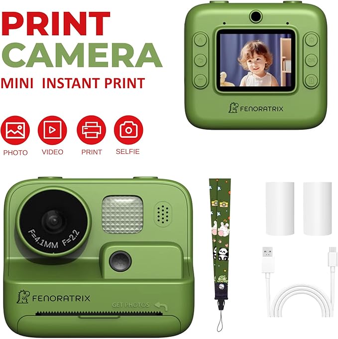Instant Print Camera for Kids – No Ink Needed, 2.4" Screen, Selfie & 1080P Video, 10X Zoom, 3 Paper Rolls, Stickers & Markers, Fun Creative Gift for Boys & Girls Ages 3 4 5 6 7-12– FENORATRIX Green