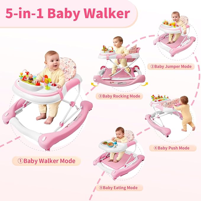 5 in 1 Baby Walker, Music and Lights Walker for Baby Boy Girls 6-12 Months, Foldable Baby Walkers with Wheels and Bouncer Combo Portable, Toddler Infant Walker with Adjustable Height