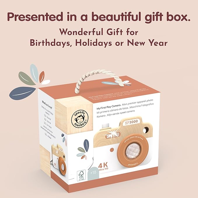 SPEEDY MONKEY My First Wooden Camera Toddler Toy with Kaleidoscope Lens, FSC Wood Pretend Play Camera for Kids – Early-Learning Photographed Props for Imaginative Play for Boys and Girls