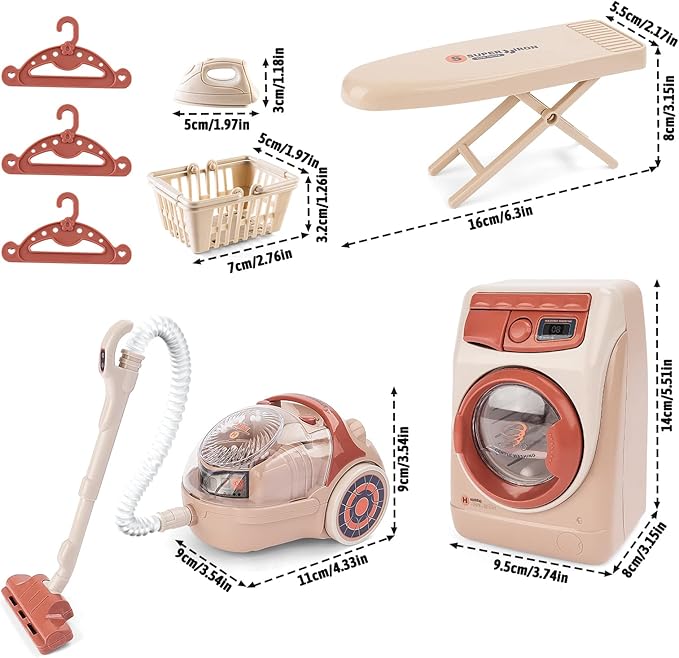 deAO Toy Washing Machine & Vacuum Playset for Kids, Mini Washing Machine Laundry Set for Kids,Dollhouse Furniture Laundry Room Washer and Iron Set Kids Cleaning Set for Boys & Girls
