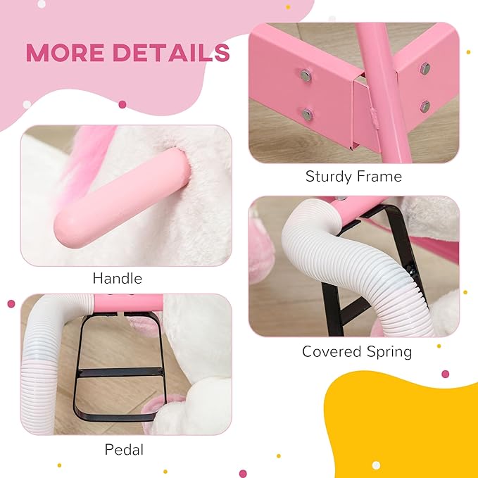 Qaba Kids Spring Rocking Horse, Ride on Horse for Girls and Boys with Animal Sounds, Plush Horse Ride-on with Soft Feel, Interactive Toy for Kids, Pink