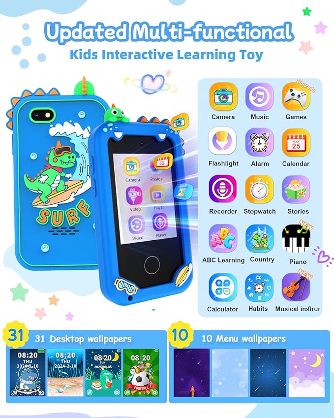 Kids Smart Phone Toy for Boys, Touchscreen Learning Toy Phone for Kids Ages 3-8, Educational Pretend Phone with Dual Camera, Music, Games, ABC Learning & Habit Reminder, Boys Birthday