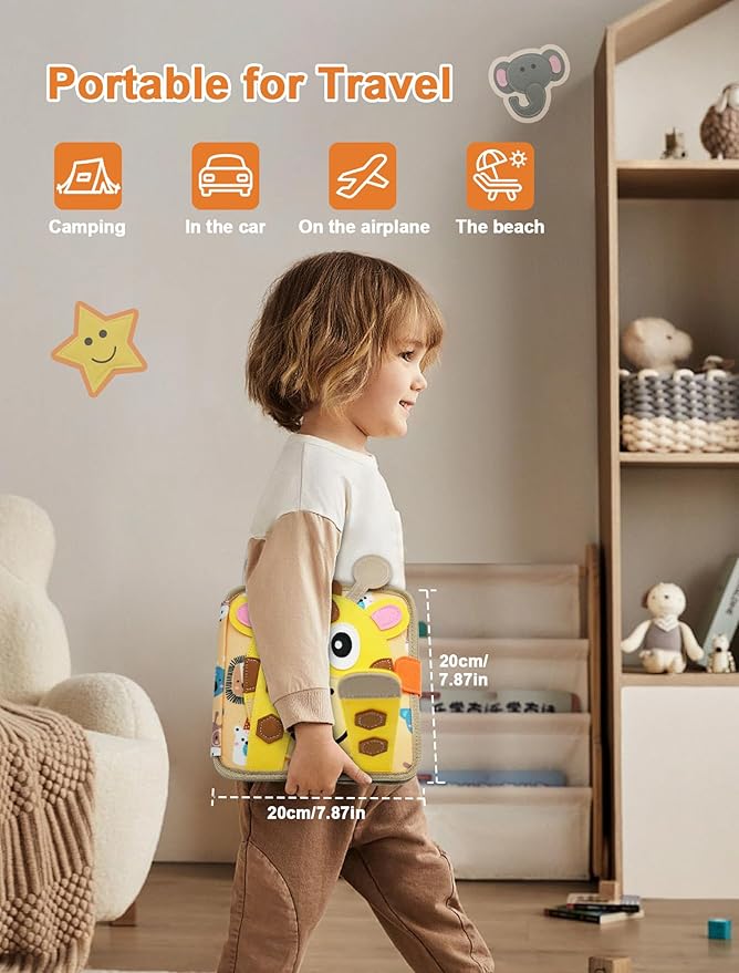 Busy Book for Toddlers 1-3, Montessori Toys for 1 Year Old, Kids Travel Toys, Educational Activity Book, Birthday Gifts for Boys & Girls, Washable Felt Busy Board, Giraffe