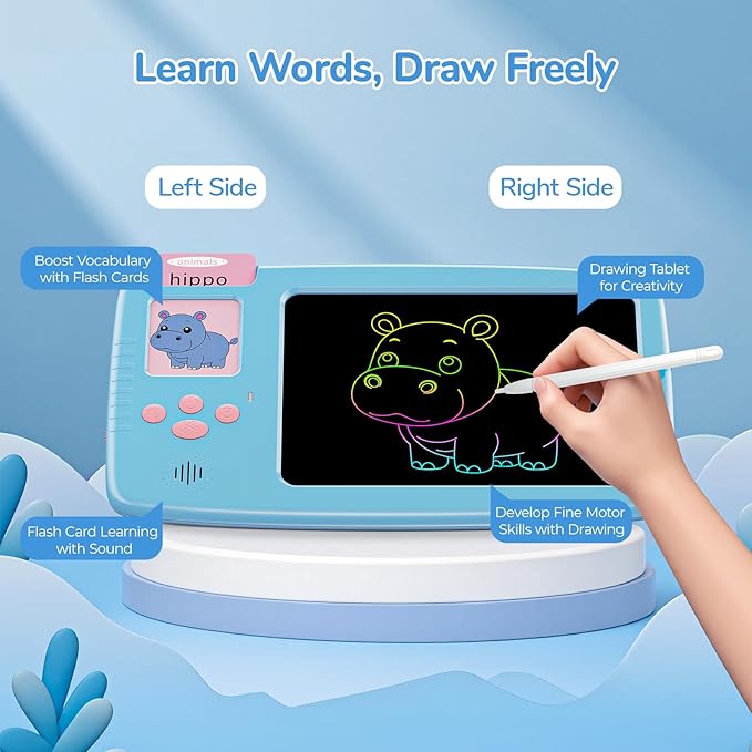 Talking Flash Cards for Toddlers: 2-in-1 LCD Writing Tablet Kids - Montessori Language Learning with 510 Words - Autism & Speech Therapy Toys for Children Gifts, Blue