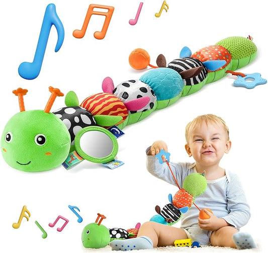 HEMRLY Baby Sensory Toy 0-6 Months, Musical Stuffed Caterpillar Plush with Teether, Crinkle, Rattle, Baby Mirror for Tummy Time, Infant Car Seat Toy for 0-3-6-12 Month Boys Girls Gifts - Winged Green