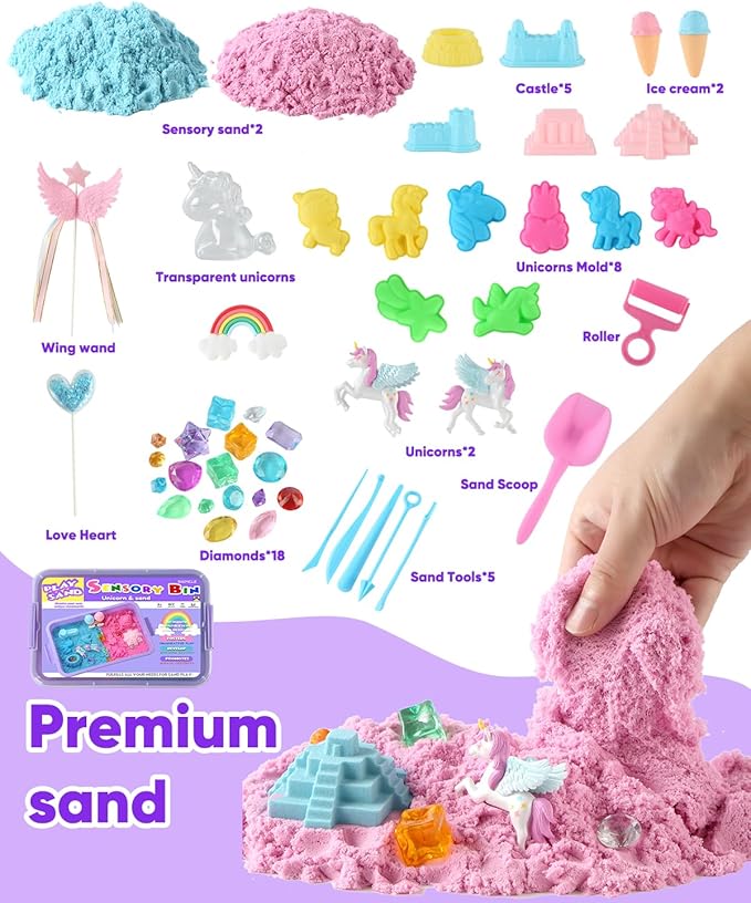 Unicorn Sensory Bin Play Sand Kit for Girls Moulds Toddler Sand Art Kit with Sandbox for Kids for Toddlers Ages 3-8