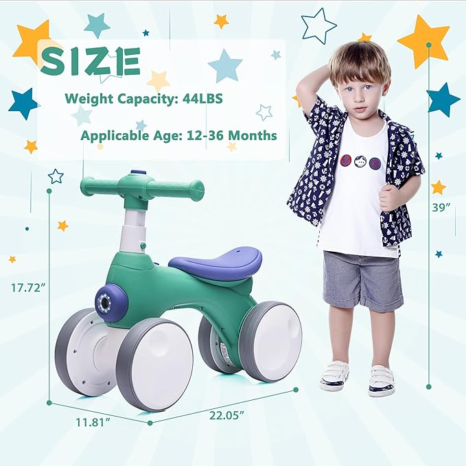 Baby Balance Bike 1 Year Old with Music, Lights, Bubble Machine, 4 Wheels Pedal-Less Toddler Ride on Toys for 12-36 Months Birthday Gift, Toddler boy Toys Ride on car （Green&Purple）