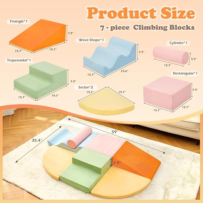 QUCHI Climbing Toys for Toddlers, Toddler Climbing Toys Indoor, 7-Piece Soft Foam Climb Blocks Set, Toddler Playtime Corner Climber Indoor Foam Play Gym for Crawling and Sliding