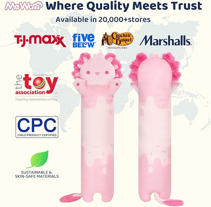 Mewaii Long Axolotl Plush 5 Sizes, 120% Extra Filling Giant Plushness Kids Body Pillow, Kawaii Cute Pink Axolotl Stuffed Animals Plushies, Big Long Body Pillow Cat Plush Gift for Girls 20”